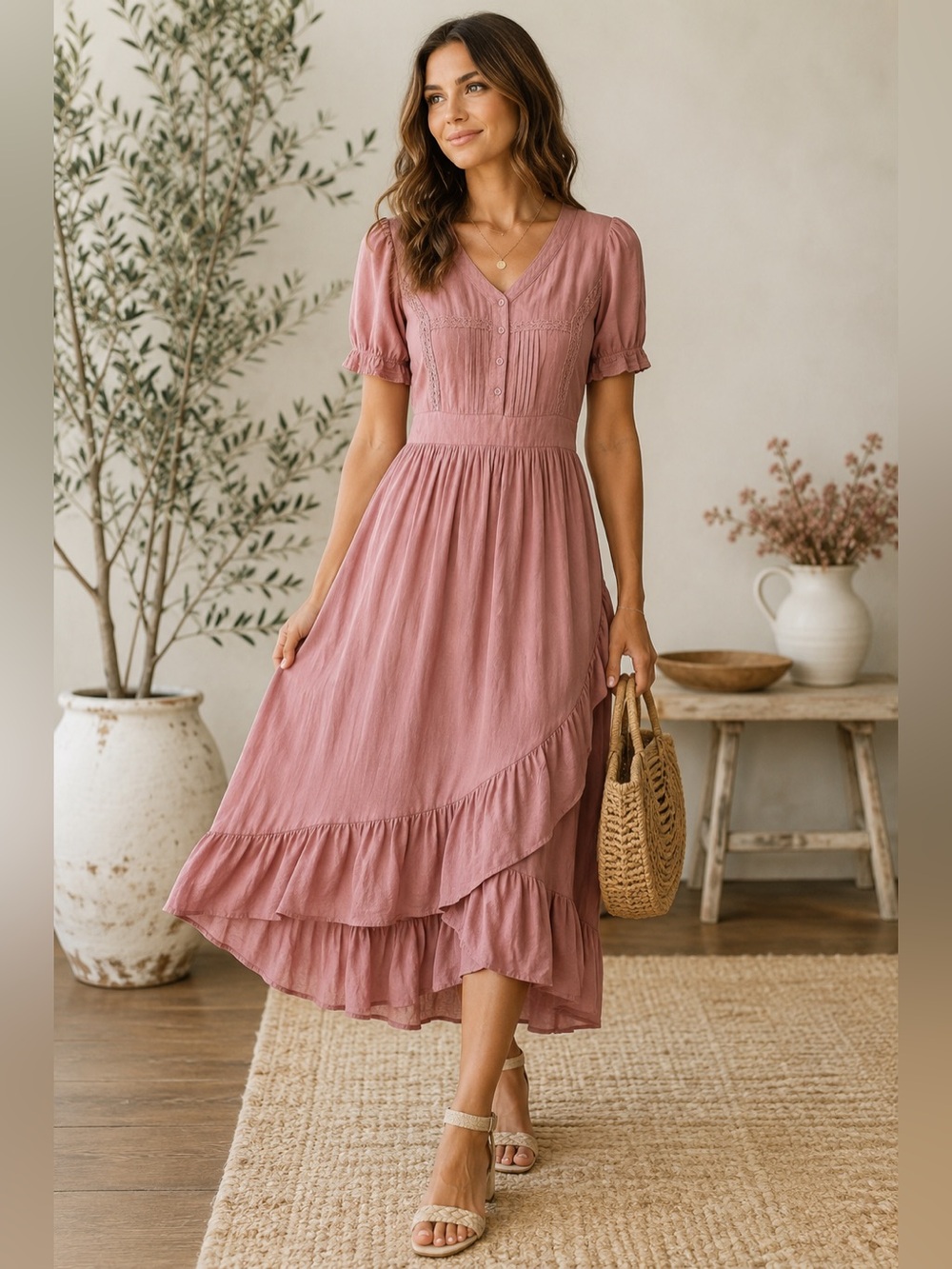 Baltic Born Dusty Rose Faux Wrap Midi Dress Size Large Cottagecore Boho Romantic